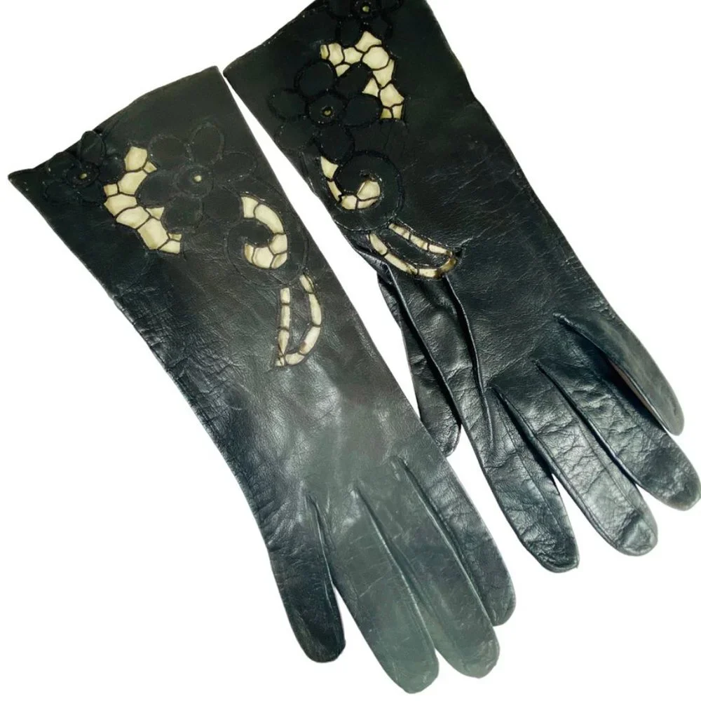 Beautiful Vintage Black Leather cut out lace pattern gloves